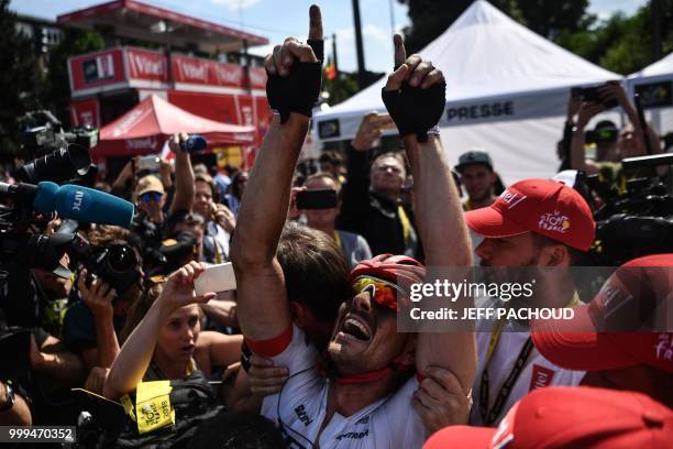 Germany's John Degenkolb celebrates after winning the ninth stage of the 105th edition of the Tour de France cycling race between Arras and Roubaix,...