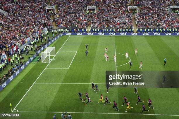 Paul Pogba of France celebrates with team mates after scoring his team's second goal during the 2018 FIFA World Cup Final between France and Croatia...
