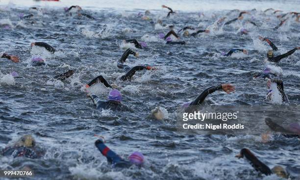 Athletes compete in the swim section of Ironman UK on July 15, 2018 in Bolton, England.