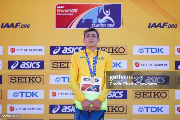 Armand Duplantis of Sweden celebrates with his medal during the medal ceremony for the men's pole vault on day five of The IAAF World U20...