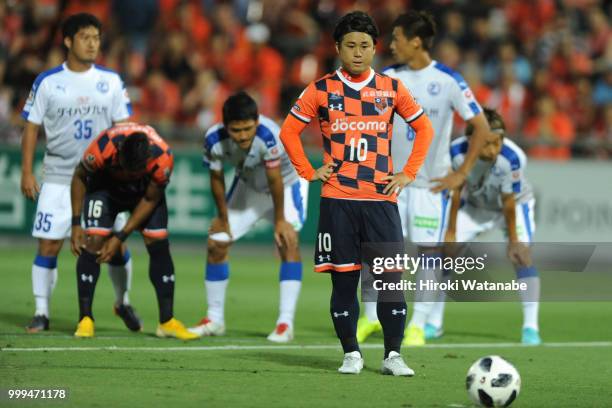 Genki Omae of Omiya Ardija looks on during the J.League J2 match between Omiya Ardija and Oita Trinita at Nack 5 Stadium Omiya on July 15, 2018 in...