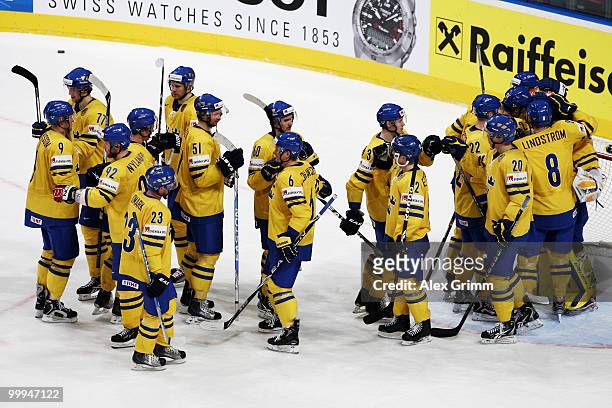 Players of Sweden celebrate after winning the IIHF World Championship group E qualification round match between Switzerland and Sweden at SAP Arena...