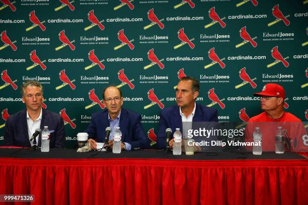 Mike Girsch, general manager of the St. Louis Cardinals; Bill DeWitt Jr., managing partner and chairman of the St. Louis Cardinals; John Mozeliak,...