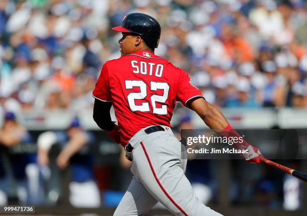 Juan Soto of the Washington Nationals in action against the New York Mets at Citi Field on July 14, 2018 in the Flushing neighborhood of the Queens...