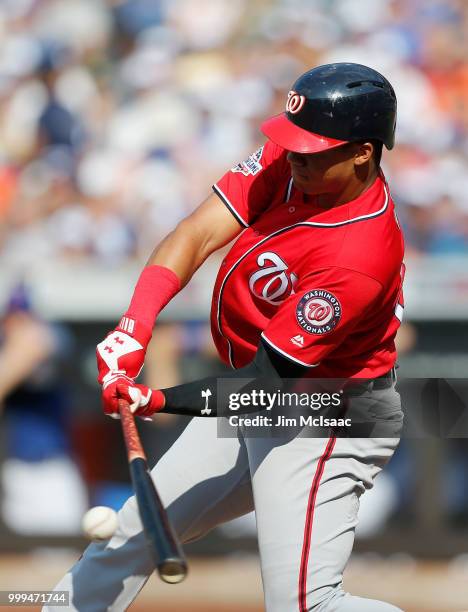 Juan Soto of the Washington Nationals in action against the New York Mets at Citi Field on July 14, 2018 in the Flushing neighborhood of the Queens...