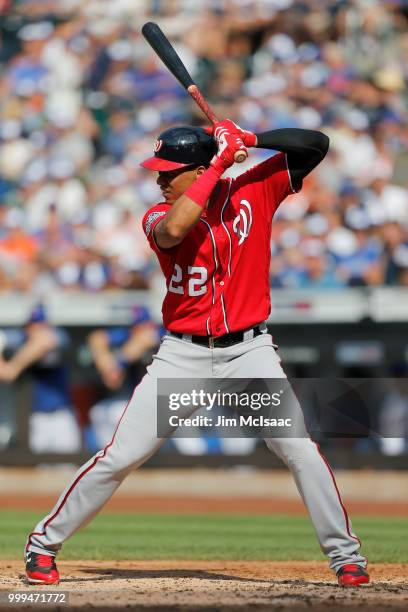 Juan Soto of the Washington Nationals in action against the New York Mets at Citi Field on July 14, 2018 in the Flushing neighborhood of the Queens...