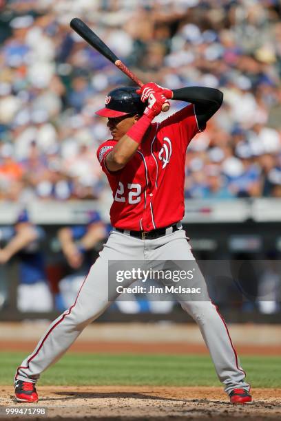 Juan Soto of the Washington Nationals in action against the New York Mets at Citi Field on July 14, 2018 in the Flushing neighborhood of the Queens...