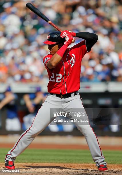 Juan Soto of the Washington Nationals in action against the New York Mets at Citi Field on July 14, 2018 in the Flushing neighborhood of the Queens...