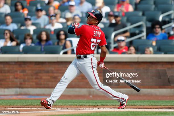Juan Soto of the Washington Nationals in action against the New York Mets at Citi Field on July 14, 2018 in the Flushing neighborhood of the Queens...