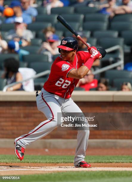 Juan Soto of the Washington Nationals in action against the New York Mets at Citi Field on July 14, 2018 in the Flushing neighborhood of the Queens...