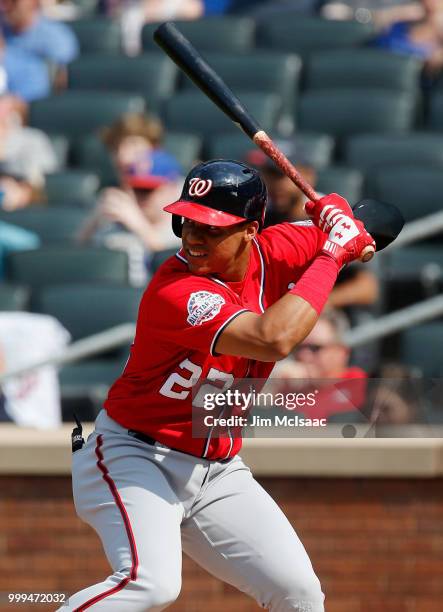 Juan Soto of the Washington Nationals in action against the New York Mets at Citi Field on July 14, 2018 in the Flushing neighborhood of the Queens...