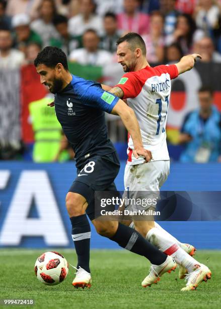 Nabil Fekir of France is challenged by Marcelo Brozovic of Croatia during the 2018 FIFA World Cup Final between France and Croatia at Luzhniki...