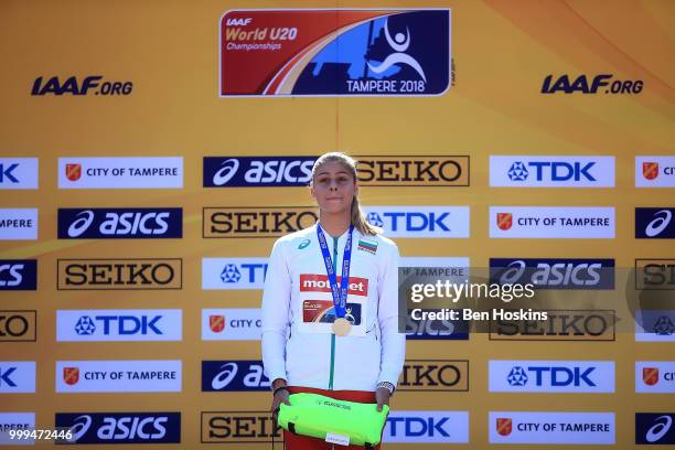 Aleksandra Nacheva of Bulgaria celebrates with her medal during the medal ceremony for the women's triple jump on day six of The IAAF World U20...