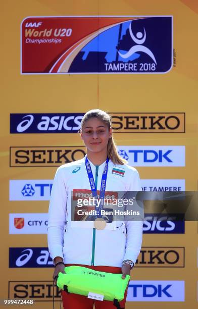 Aleksandra Nacheva of Bulgaria celebrates with her medal during the medal ceremony for the women's triple jump on day six of The IAAF World U20...
