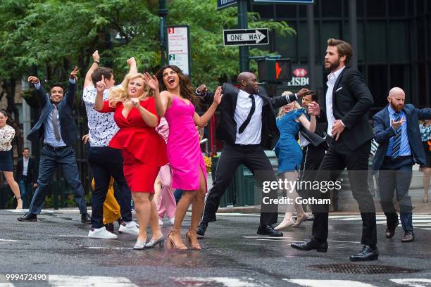 Adam Devine, Rebel Wilson, Priyanka Chopra and Liam Hemsworth are seen filming a scene for 'Isn't It Romantic?' in Midtown on July 15, 2018 in New...