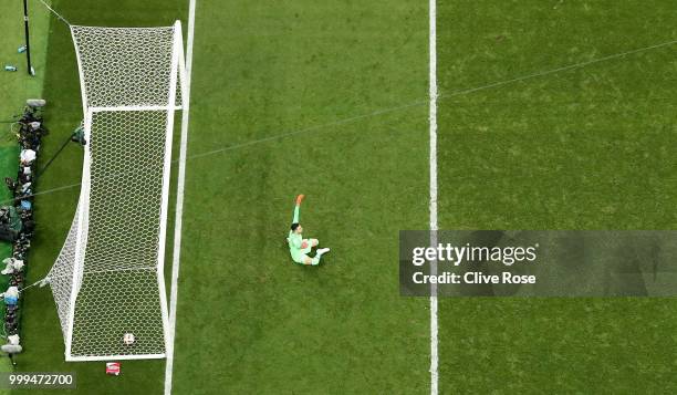 Goalkeeper Danijel Subasic of Croatia is beaten by a shot from Kylian Mbappe for France's fourth goal during the 2018 FIFA World Cup Final between...