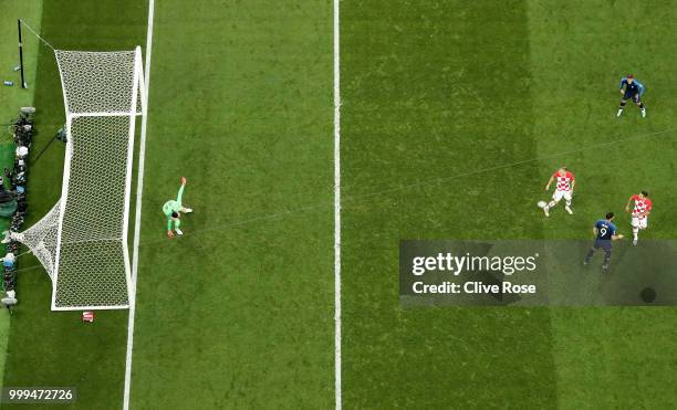 Goalkeeper Danijel Subasic of Croatia is beaten by a shot from Kylian Mbappe for France's fourth goal during the 2018 FIFA World Cup Final between...