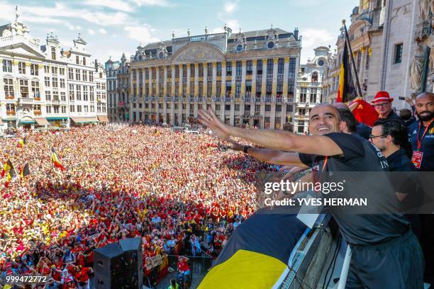 Belgium's head coach Roberto Martinez celebrates at the balcony in front of more than 8000 supporters at the Grand-Place, Grote Markt in Brussels...