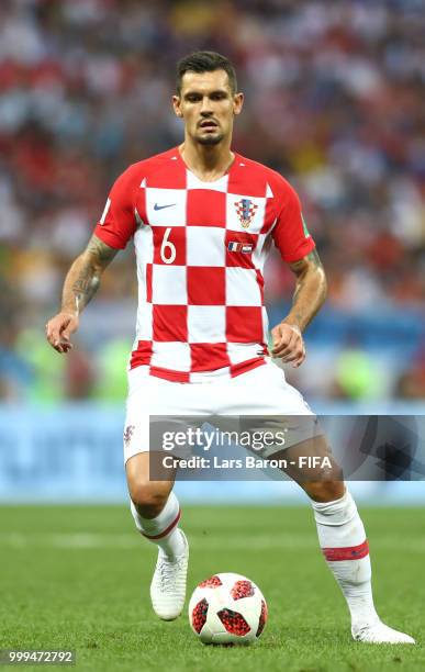 Dejan Lovren of Croatia controls the ball during the 2018 FIFA World Cup Final between France and Croatia at Luzhniki Stadium on July 15, 2018 in...