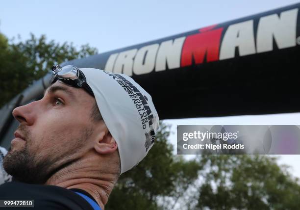 Athletes wait for the start of Ironman UK on July 15, 2018 in Bolton, England.