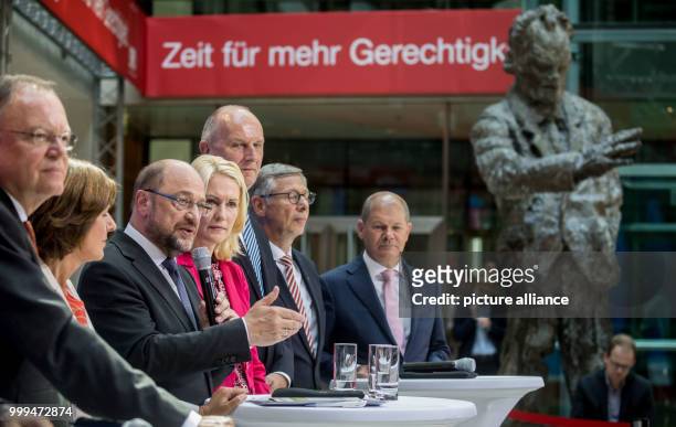 Martin Schulz, SPD chairman and leading candidate for the general elections , speaks during the presentation of the draft of the SPD for a national...