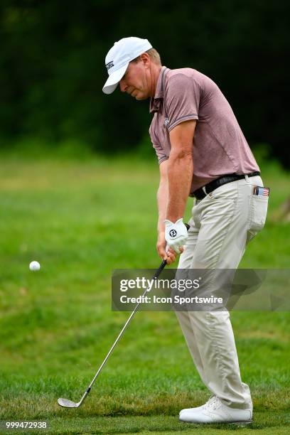 Steve Stricker hits a shot on the seventh hole during the final round of the John Deere Classic on July 15, 2018 at the TPC Deere Run in Silvis,...