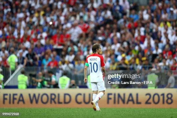 Luka Modric of Croatia looks dejected during the 2018 FIFA World Cup Final between France and Croatia at Luzhniki Stadium on July 15, 2018 in Moscow,...
