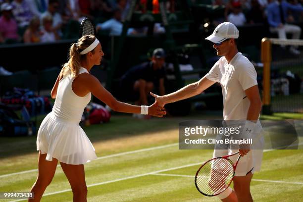 Jamie Murray of Great Britain and Victoria Azarenka of Belarus celebrates a point against Alexander Peya of Austria and Nicole Melichar of The United...
