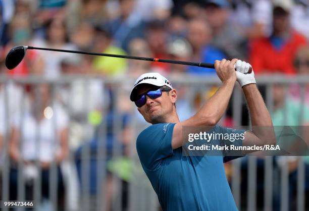 Justin Rose of England plays his tee shot to the first hole during the Open Qualifying Series as part of the Aberdeen Standard Investments Scottish...