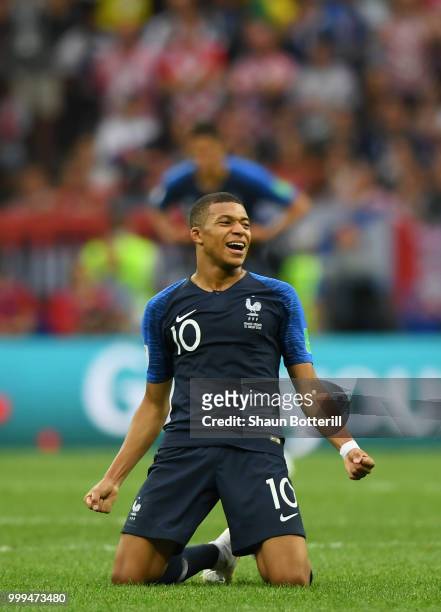 Kylian Mbappe of France celebrates victory following the 2018 FIFA World Cup Final between France and Croatia at Luzhniki Stadium on July 15, 2018 in...
