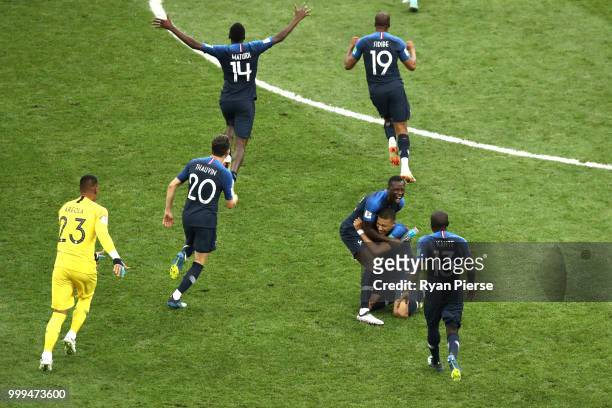 France players celebrate their victory following the 2018 FIFA World Cup Final between France and Croatia at Luzhniki Stadium on July 15, 2018 in...