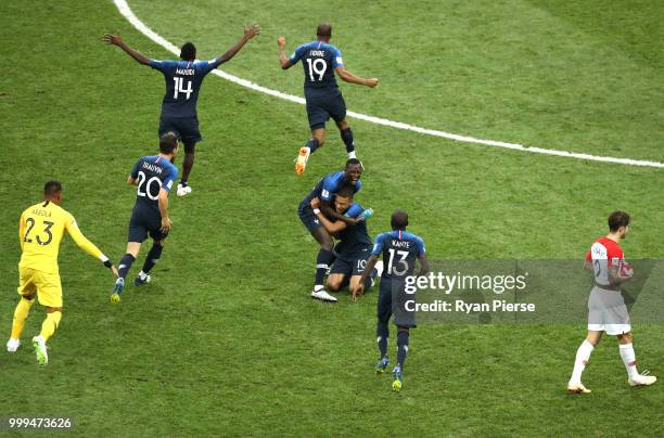 France players celebrate their victory following the 2018 FIFA World Cup Final between France and Croatia at Luzhniki Stadium on July 15, 2018 in...