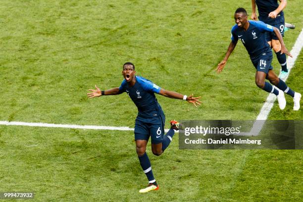 Paul Pogba of France celebrates scoring goal 3-1 during the 2018 FIFA World Cup Russia Final between France and Croatia at Luzhniki Stadium on July...