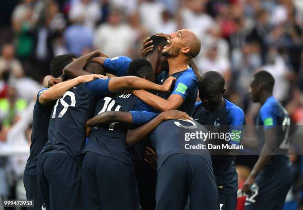 France players celebrate their victory following the 2018 FIFA World Cup Final between France and Croatia at Luzhniki Stadium on July 15, 2018 in...