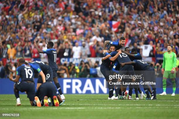 France players celebrate their victory following the 2018 FIFA World Cup Final between France and Croatia at Luzhniki Stadium on July 15, 2018 in...