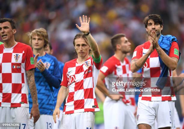Luka Modric of Croatia applauds fans after the 2018 FIFA World Cup Final between France and Croatia at Luzhniki Stadium on July 15, 2018 in Moscow,...