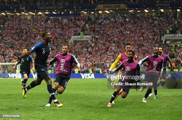 Paul Pogba of France celebrates with team mates after scoring his team's second goal during the 2018 FIFA World Cup Final between France and Croatia...