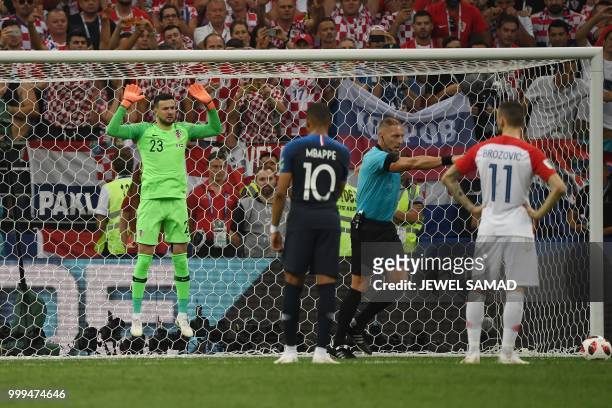 Croatia's goalkeeper Danijel Subasic gets ready for a penalty during the Russia 2018 World Cup final football match between France and Croatia at the...