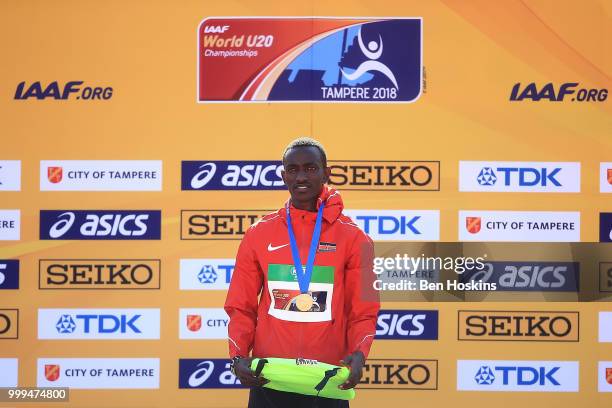 Solomon Leukta of Kenya celebrates with his medal during the medal ceremony for the men's 800m on day six of The IAAF World U20 Championships on July...