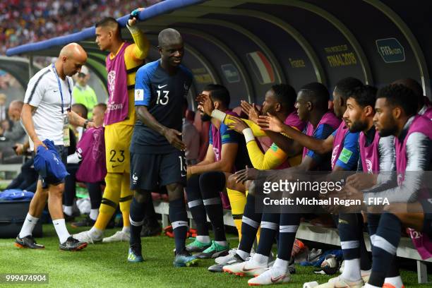 Ngolo Kante of France walks to the bench deejcted after his substitution during the 2018 FIFA World Cup Final between France and Croatia at Luzhniki...