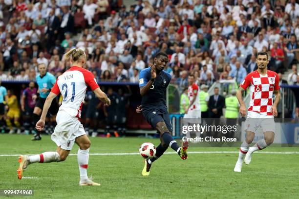 Paul Pogba of France shoots and misses during the 2018 FIFA World Cup Final between France and Croatia at Luzhniki Stadium on July 15, 2018 in...