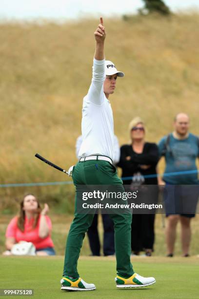Brandon Stone of South Africa reacts to his eagle putt on hole sixteen during day four of the Aberdeen Standard Investments Scottish Open at Gullane...