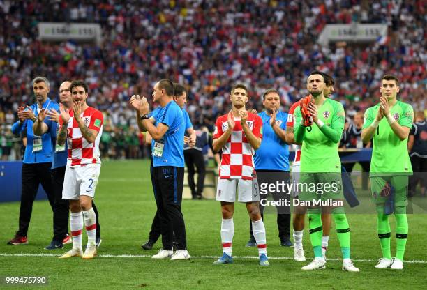 Croatia players acknowledge the fans following the 2018 FIFA World Cup Final between France and Croatia at Luzhniki Stadium on July 15, 2018 in...