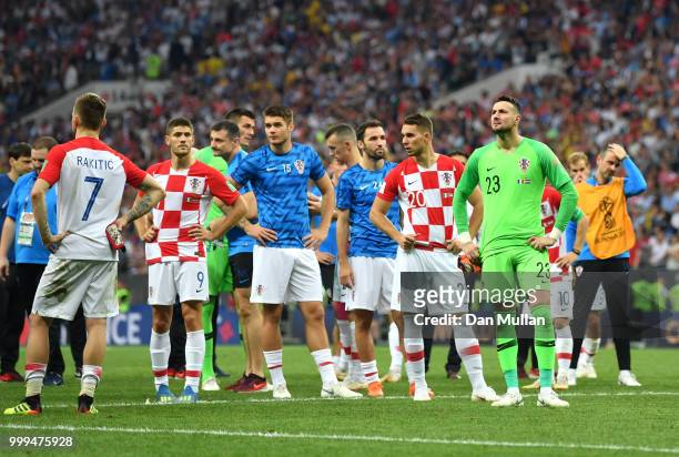 Croatia players show their dejection following the 2018 FIFA World Cup Final between France and Croatia at Luzhniki Stadium on July 15, 2018 in...