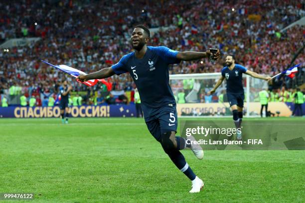 Samuel Umtiti of France celebrates victory following the 2018 FIFA World Cup Final between France and Croatia at Luzhniki Stadium on July 15, 2018 in...