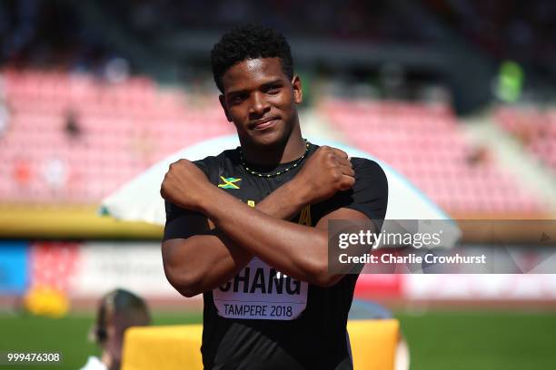 Kai Chang of Jamaica celebrates winning gold in the final of the men's discus on day six of The IAAF World U20 Championships on July 15, 2018 in...