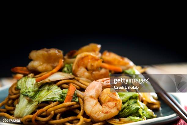 asian shrimp noodles on the table - brassica rapa stock pictures, royalty-free photos & images