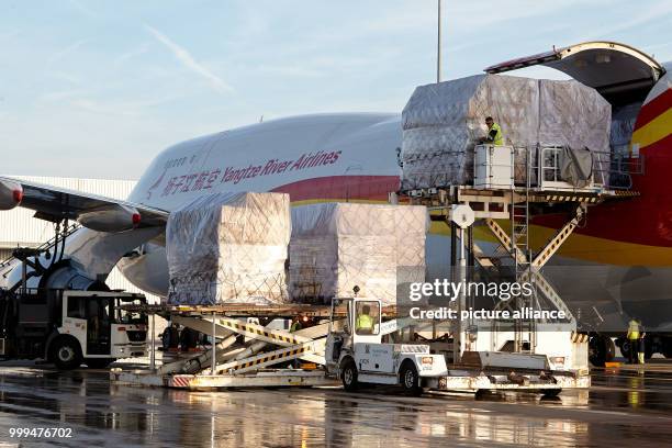 An aircraft of the type Boeing 747-400 of the Chinese cargo airline Suparna is unloaded after its first flight at the Hahn airport in Hahn, Germany,...