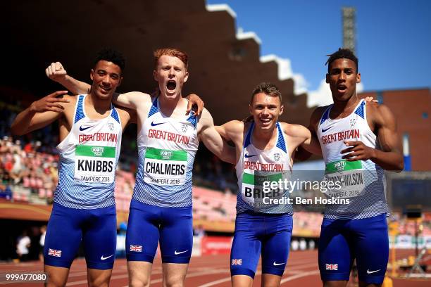 Alex Haydock-Wilson, Joseph Brier, Alastair Chalmers and Alex Knibbs of Great Britain celebrate winning bronze in the final of the men's 4x400m relay...