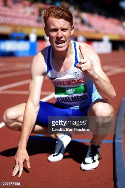 Alastair Chalmers of Great Britain celebrates winning bronze in the final of the men's 4x400m relay on day six of The IAAF World U20 Championships on...